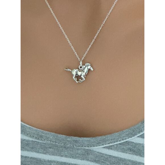 Sterling Silver Oxidized Galloping Horse Necklace, Horse Charm Necklace - Picture 2 of 4